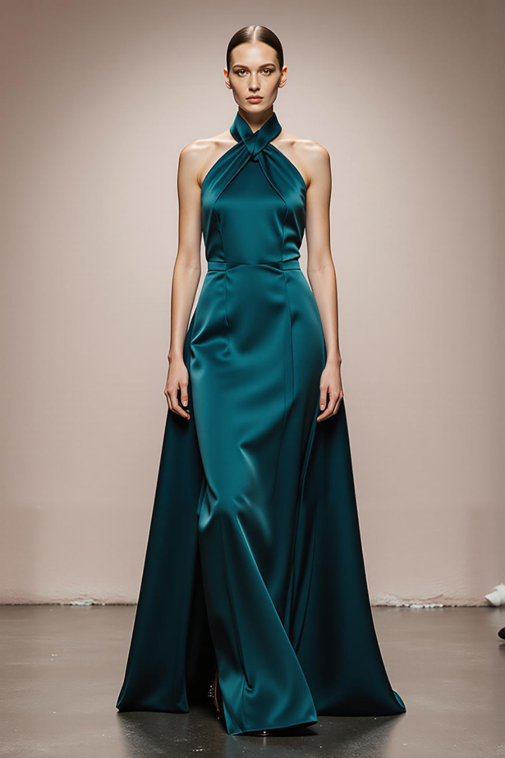 A-Line Halter Dark Green Satin Evening Dress