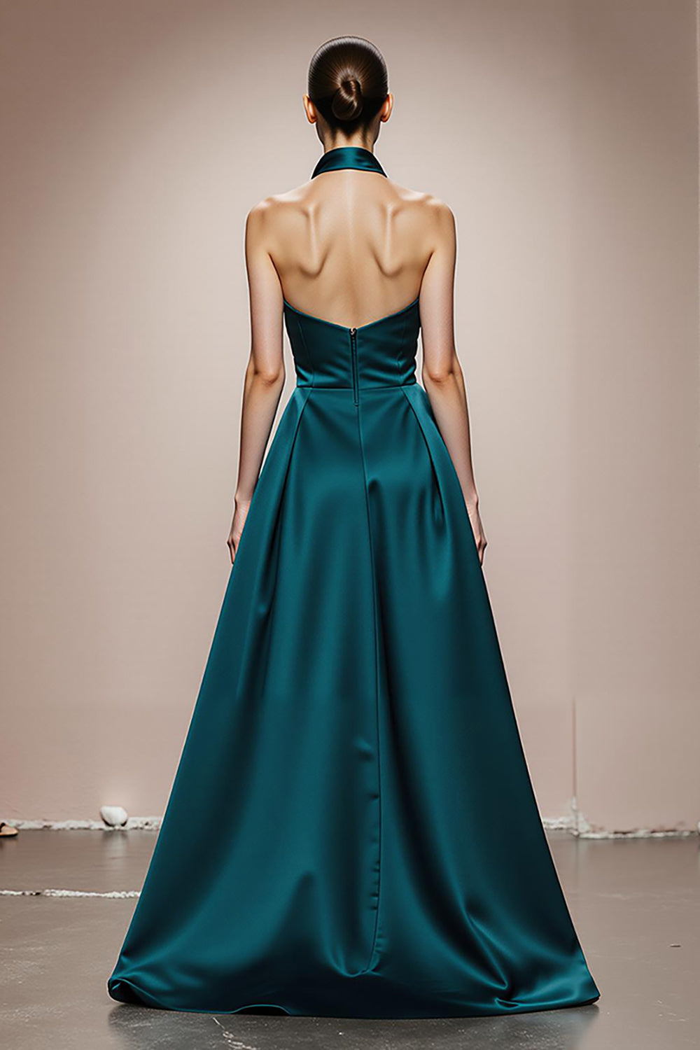 A-Line Halter Dark Green Satin Evening Dress