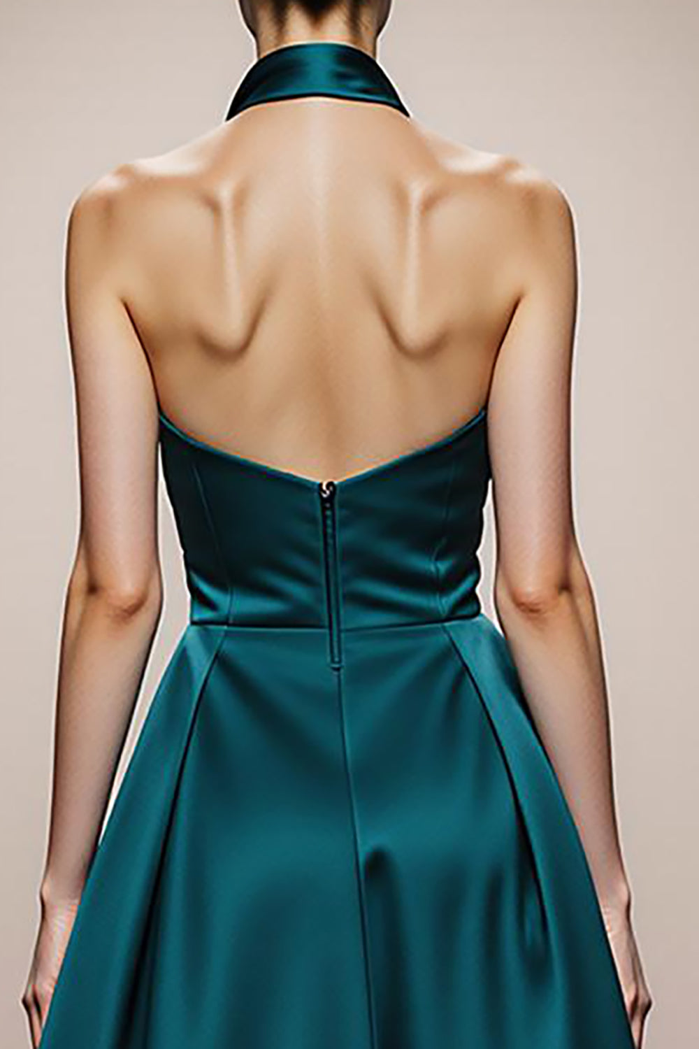 A-Line Halter Dark Green Satin Evening Dress