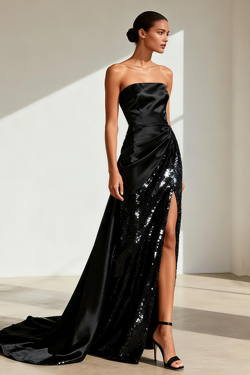 Black Strapless Satin Sequined Long Evening Dress with Slit