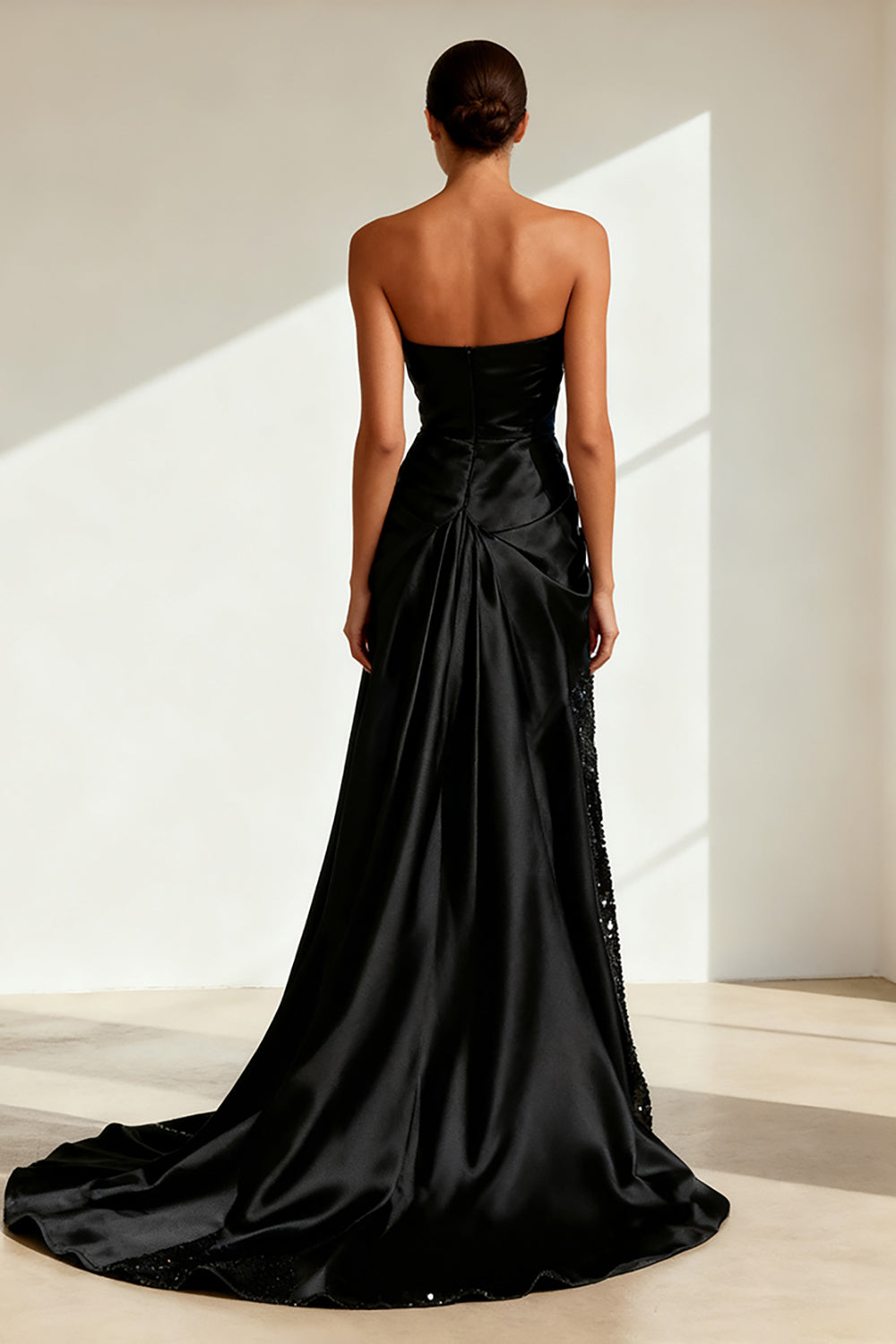 Black Strapless Satin Sequined Long Evening Dress with Slit