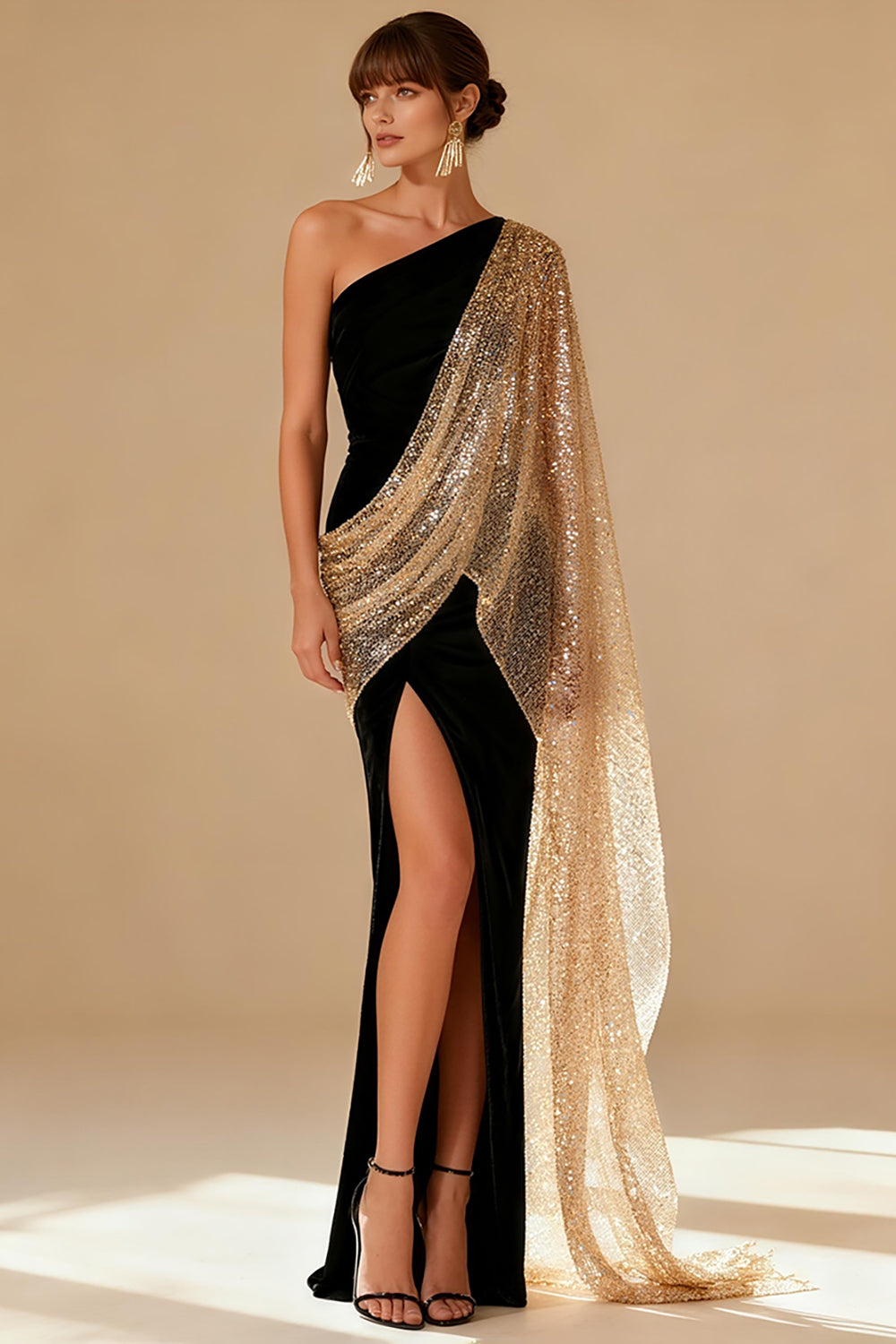 Black One-Shoulder Long Formal Sheath Dress with Slit