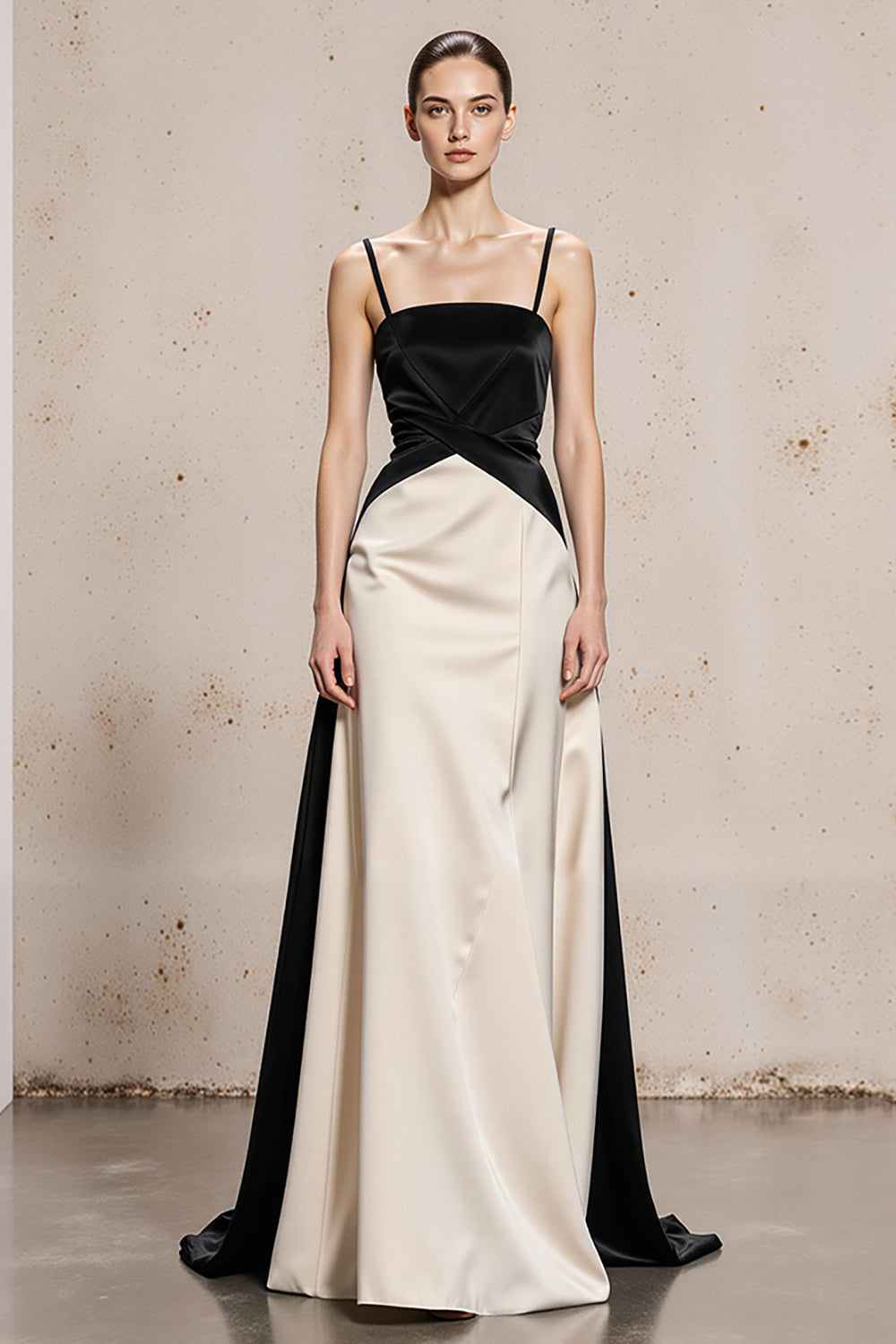 Robe longue de cérémonie en satin, noire et blanche, à fines bretelles, coupe trapèze