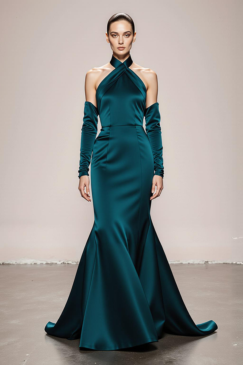 Mermaid Halter Peacock Green Sleeves Long Military Ball Dresses