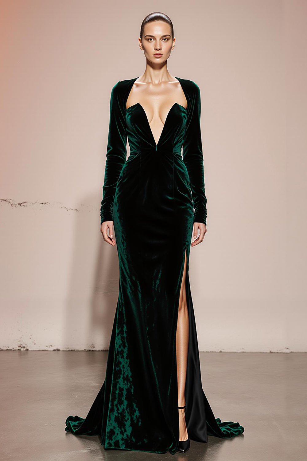 Dark Green V-Neck Mermaid Velvet Military Ball Dresses with Slit