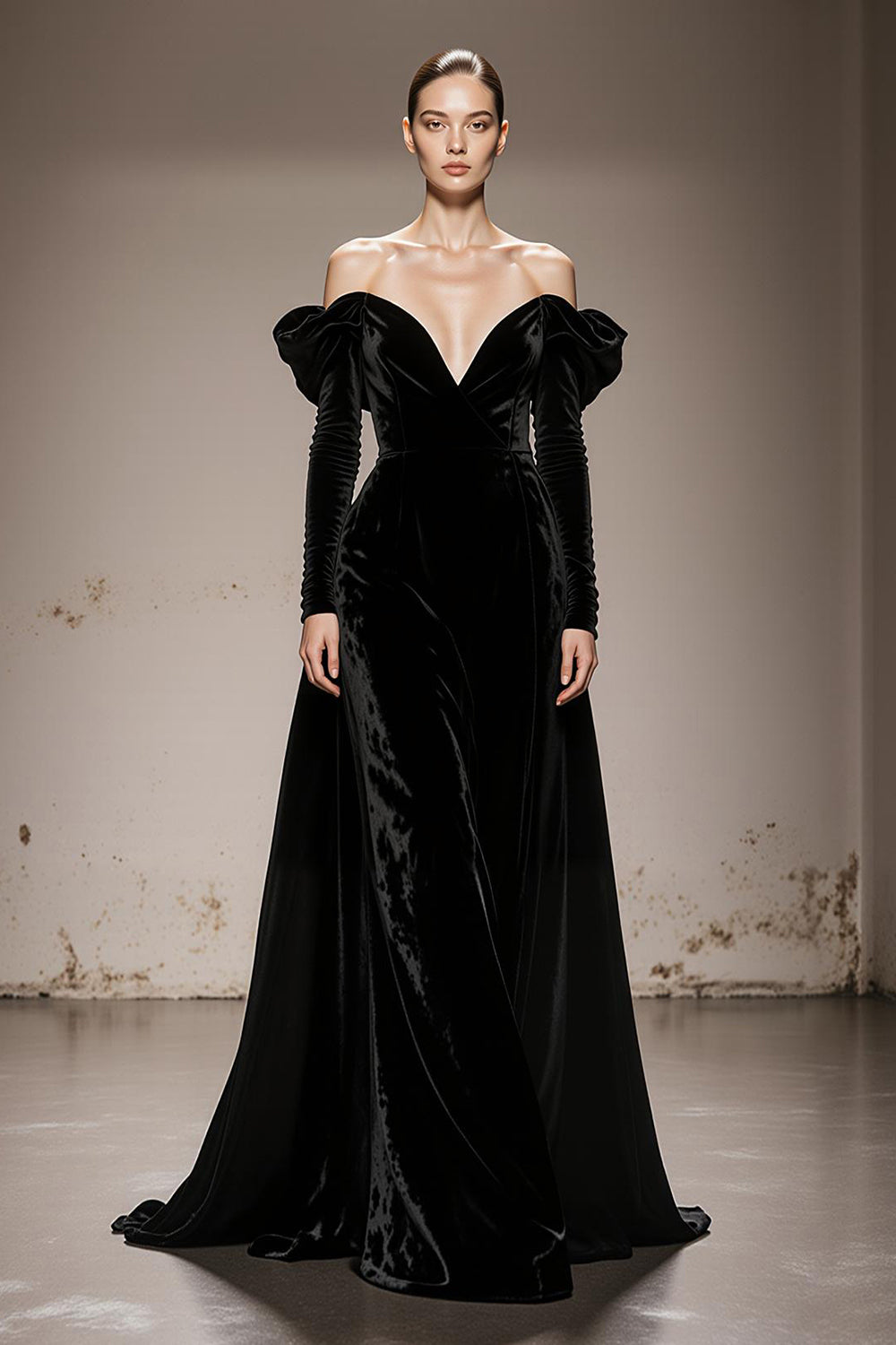 A-Line Black Velvet Off-the-Shoulder Long Military Ball Dresses with Sleeves