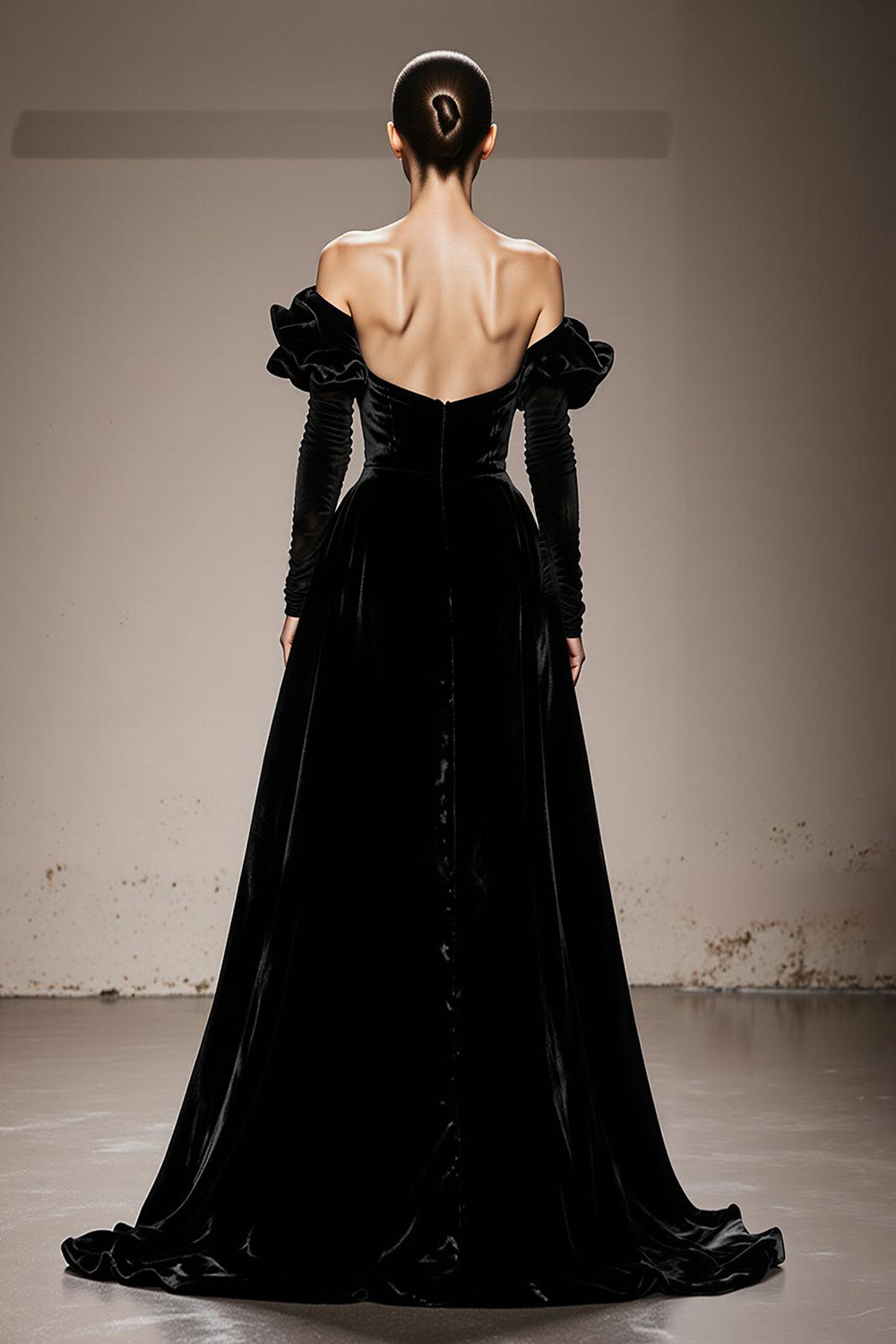 A-Line Black Velvet Off-the-Shoulder Long Military Ball Dresses with Sleeves
