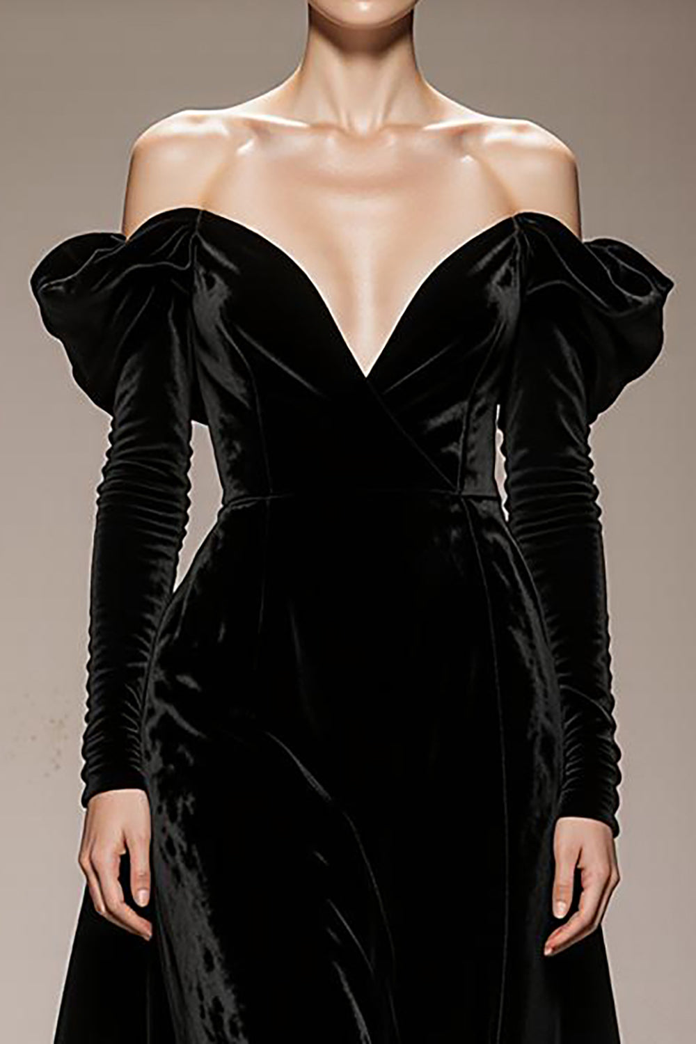 A-Line Black Velvet Off-the-Shoulder Long Military Ball Dresses with Sleeves