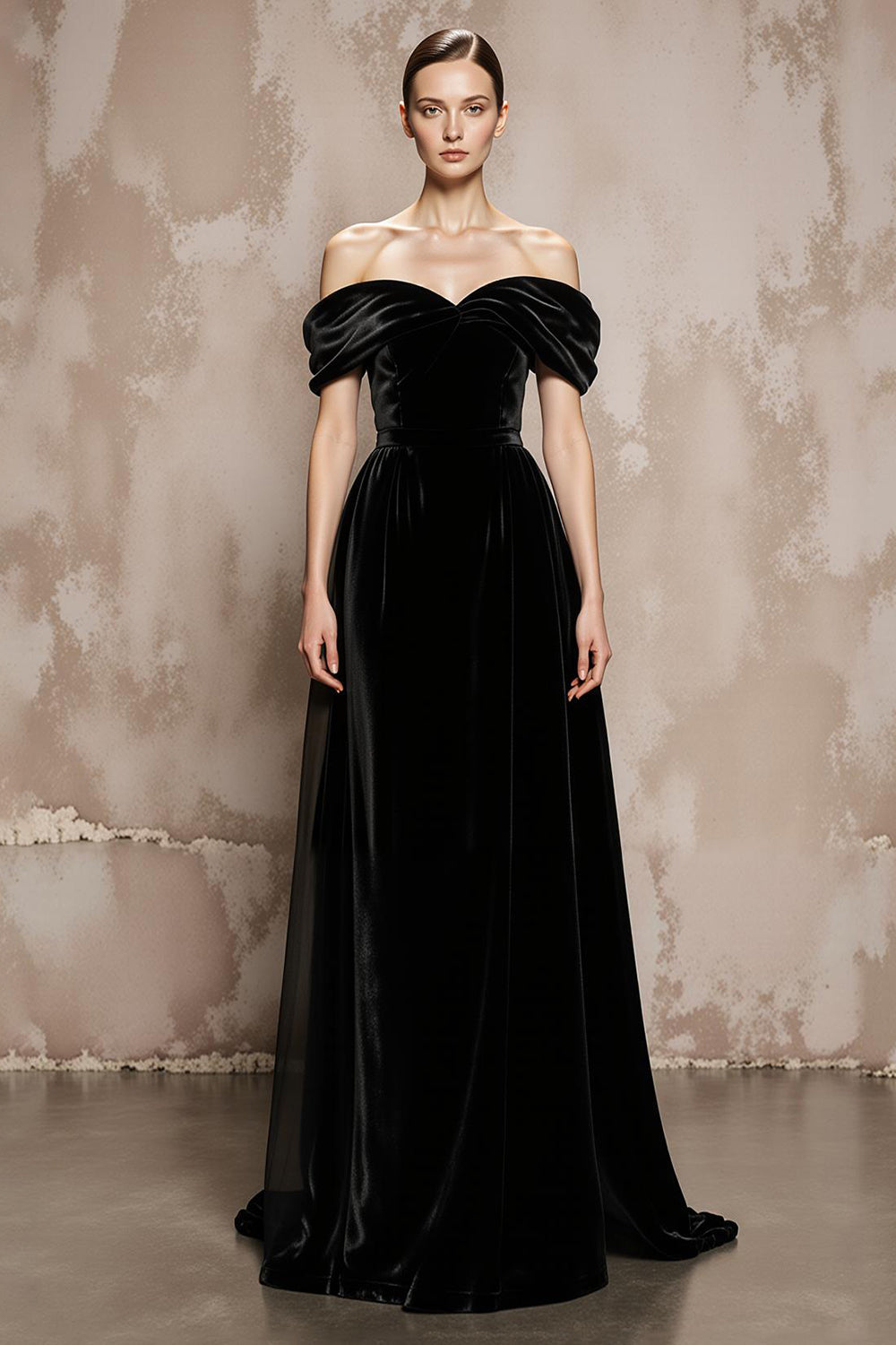 Off-the-Shoulder A-Line Velvet Black Long Military Ball Dresses