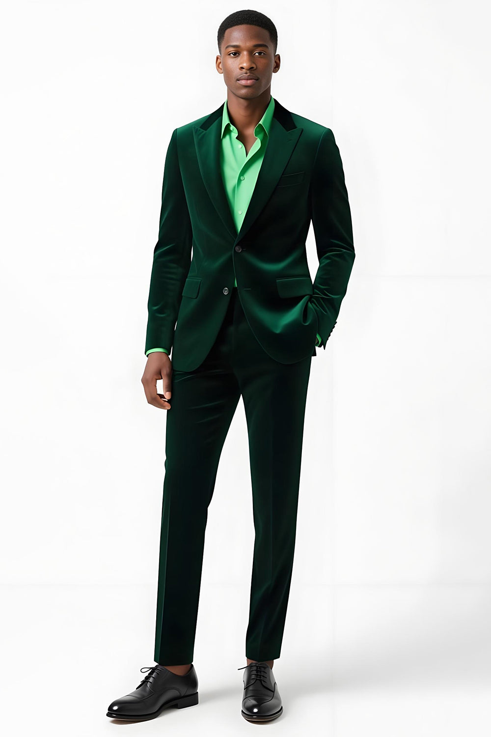 Costumes Homme Deux Pièces Vert Foncé Revers Pointe Boutonnage Simple