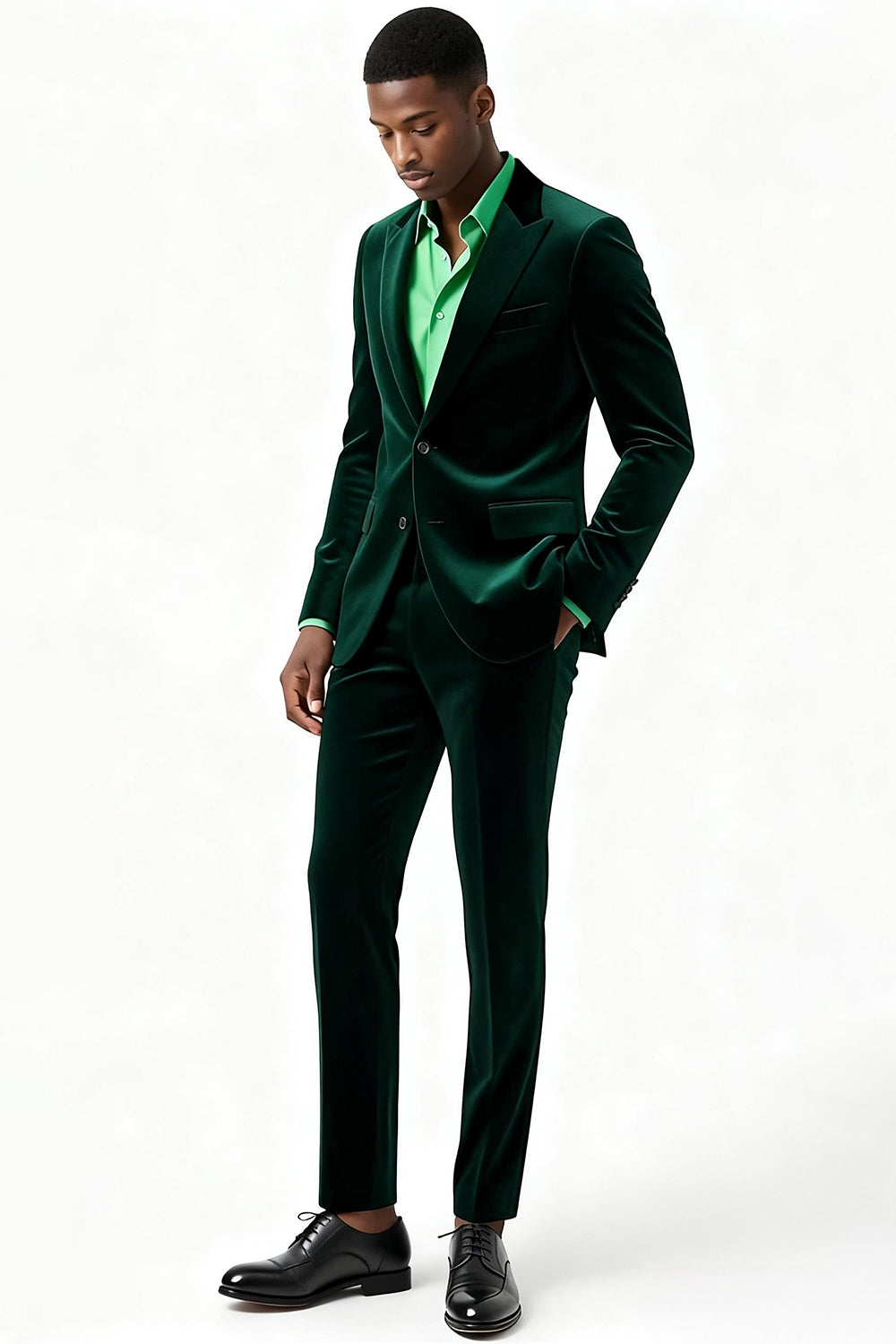 Costumes Homme Deux Pièces Vert Foncé Revers Pointe Boutonnage Simple