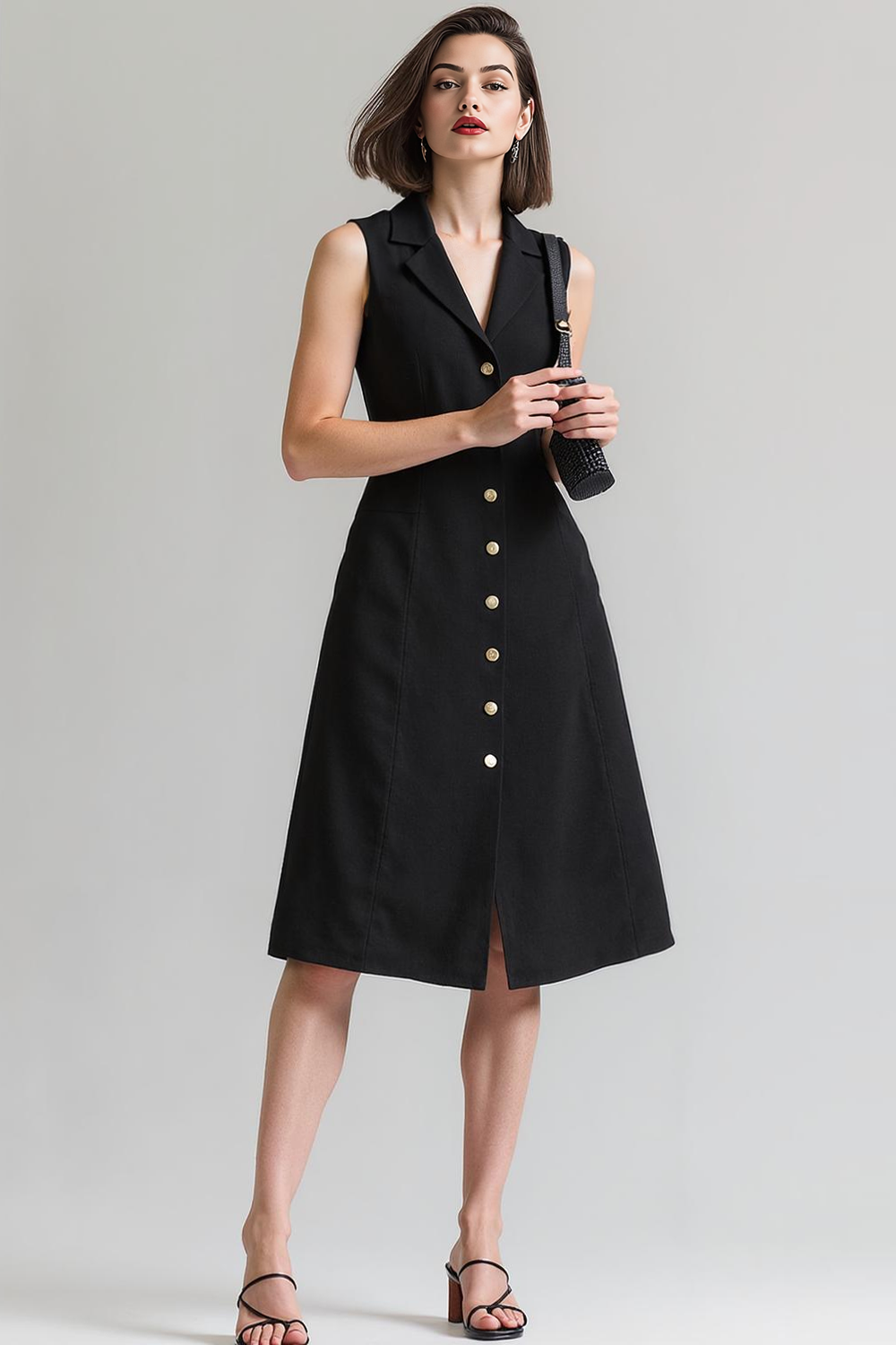 Black A Line Sleeveless Single Breasted Notched Lapel Midi Work Dress