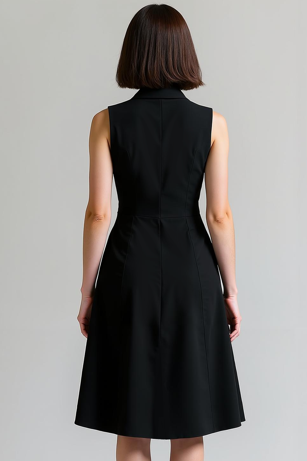 Black A Line Sleeveless Single Breasted Notched Lapel Midi Work Dress