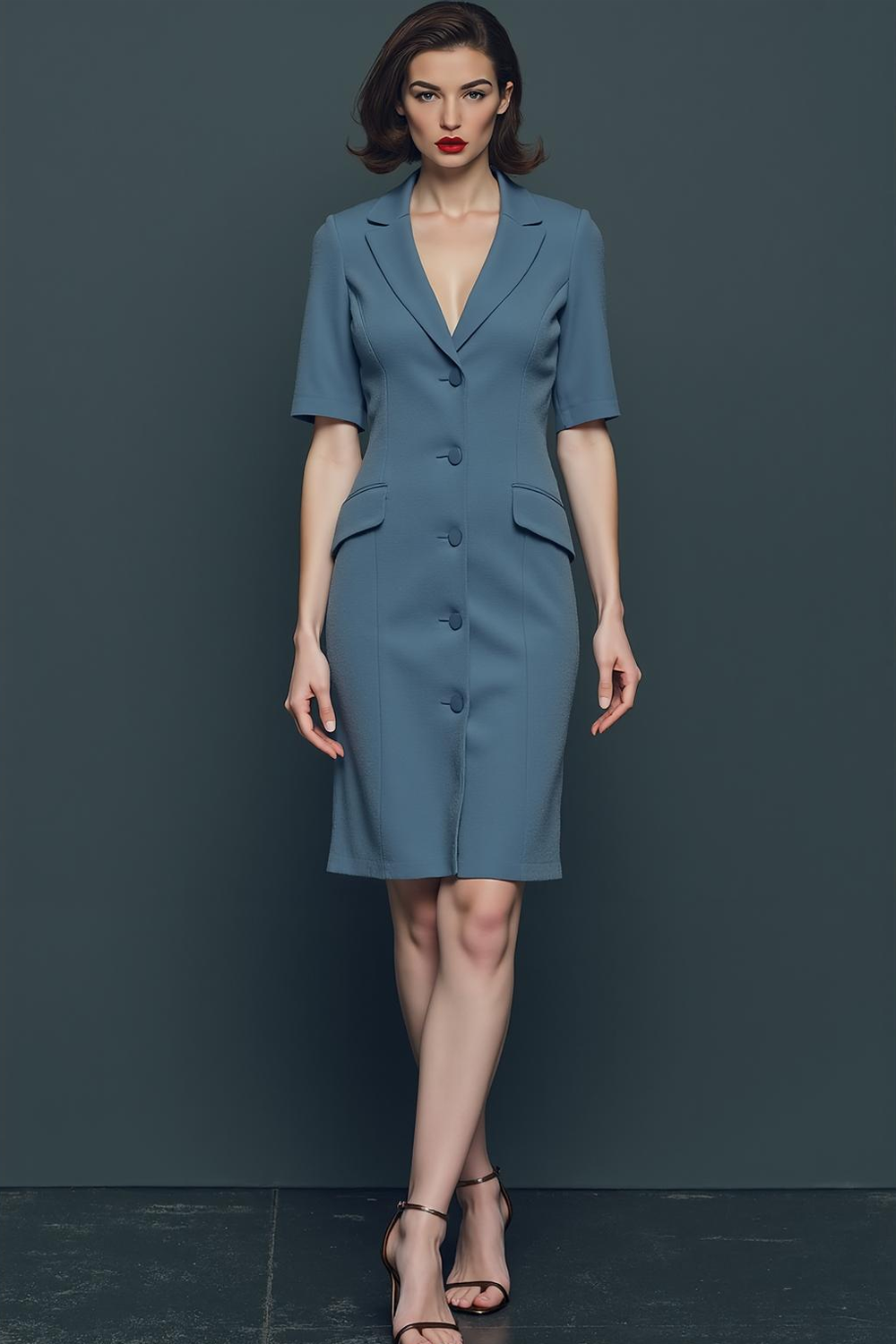 Dusty Blue Pencil Single Breasted Notched Lapel Midi Work Dress with Sleeves