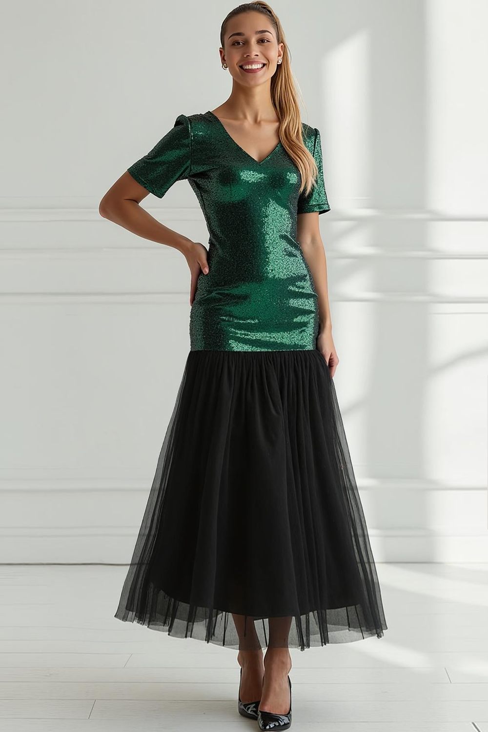 Vestido largo de fiesta verde oscuro brillante de tul con escote en V y lentejuelas