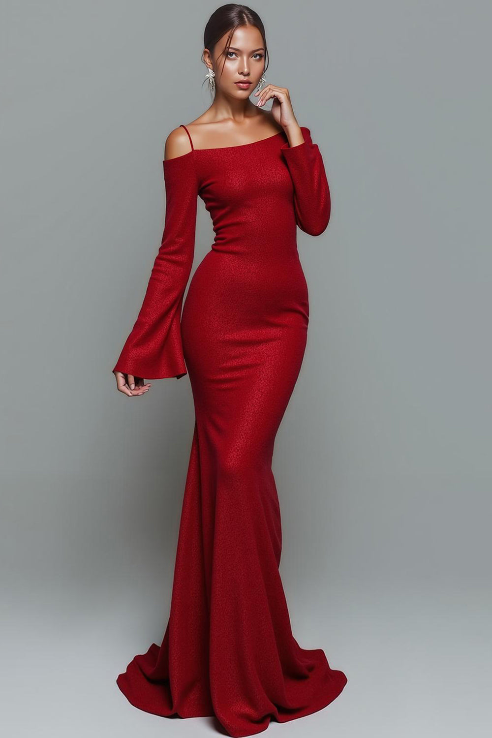 Robe de soirée longue sirène rouge à épaules dénudées avec manches