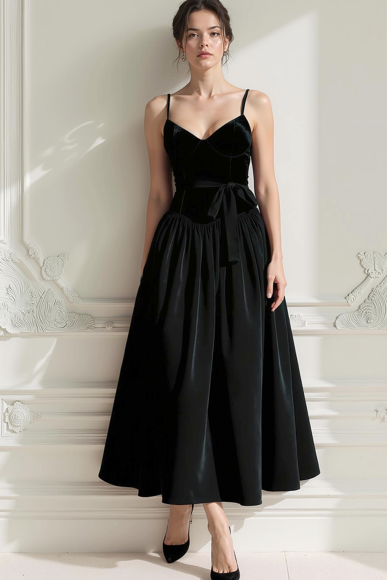 Cabernet A-Line Velvet Spaghetti Strap Long Formal Dress