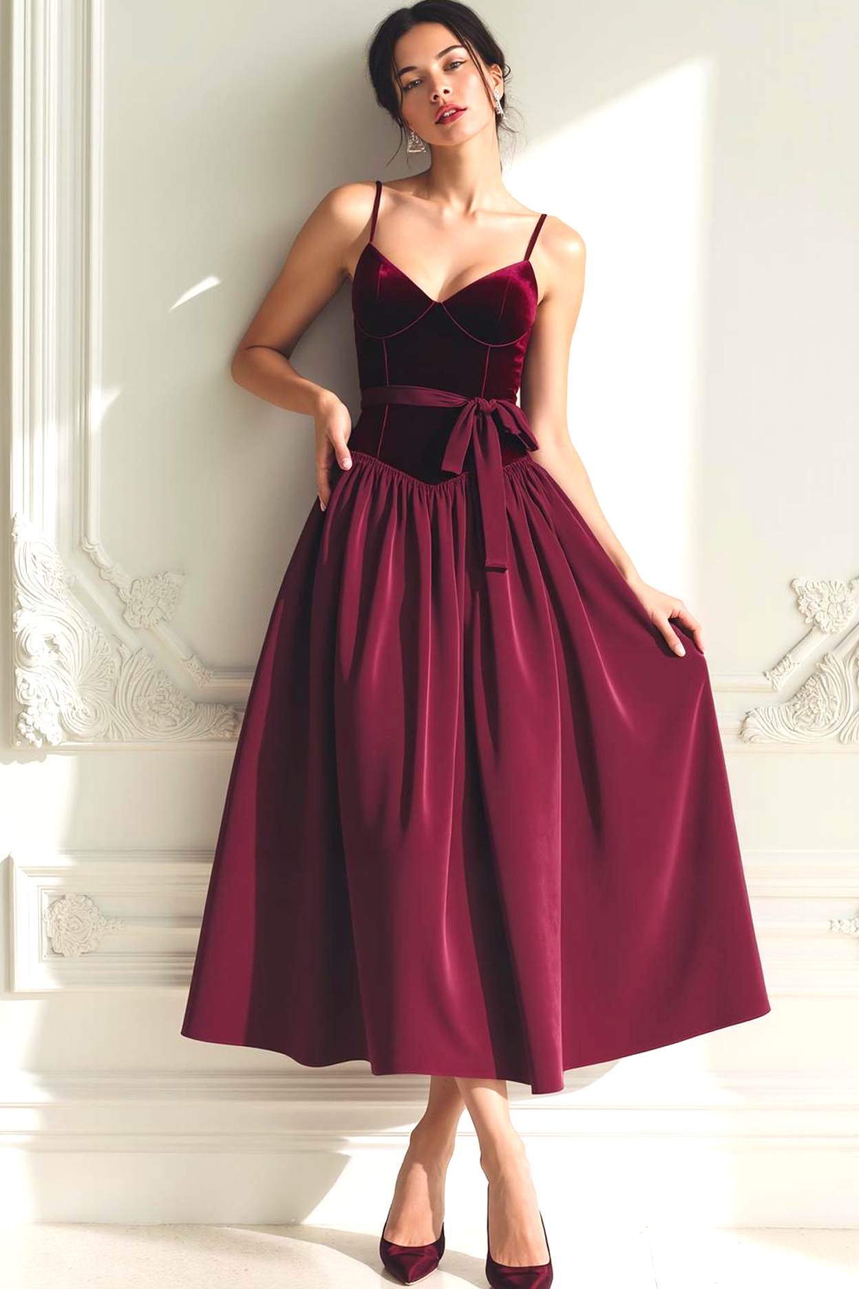Cabernet A-Line Velvet Spaghetti Strap Long Formal Dress