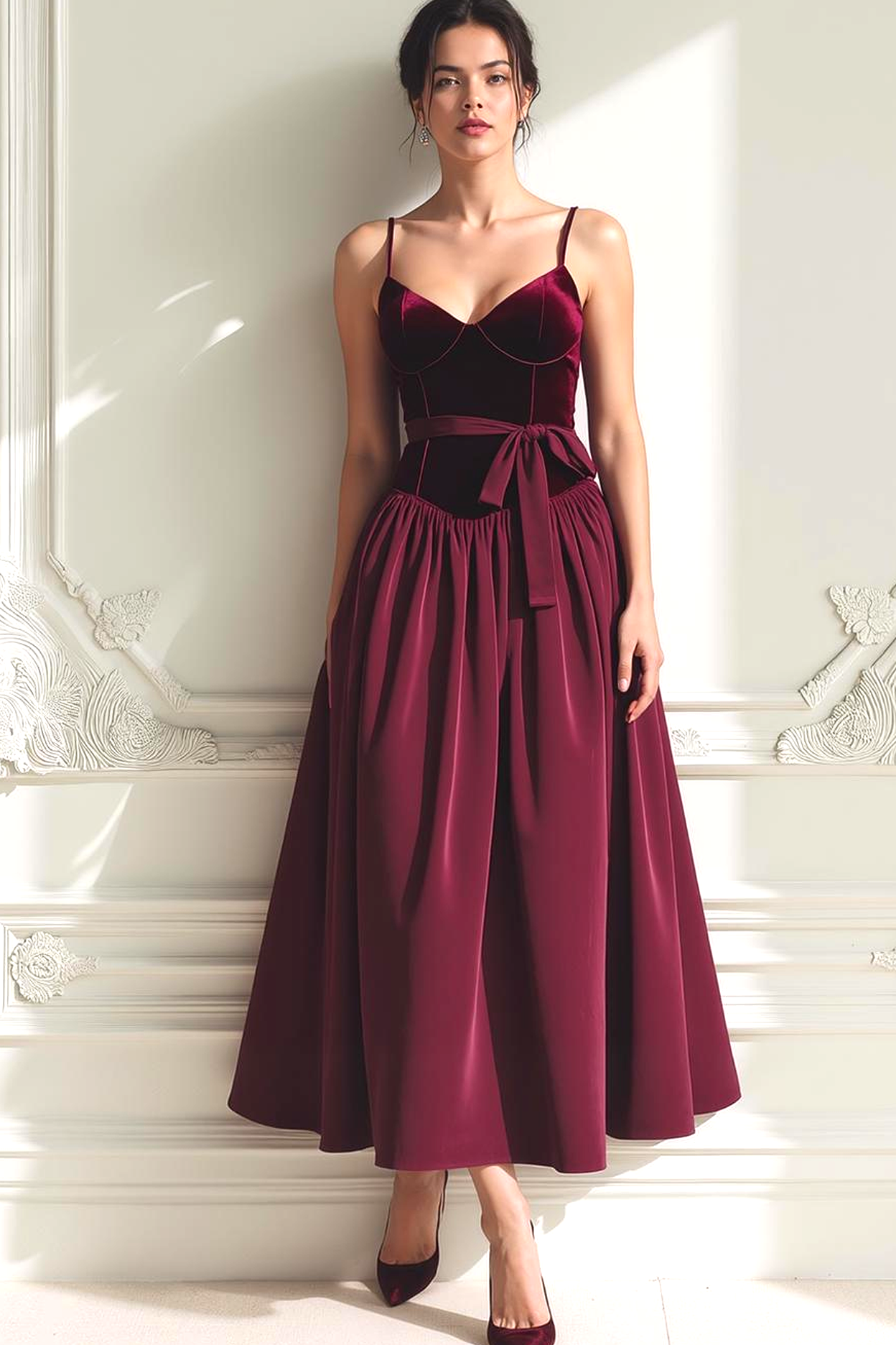 Cabernet A-Line Velvet Spaghetti Strap Long Formal Dress