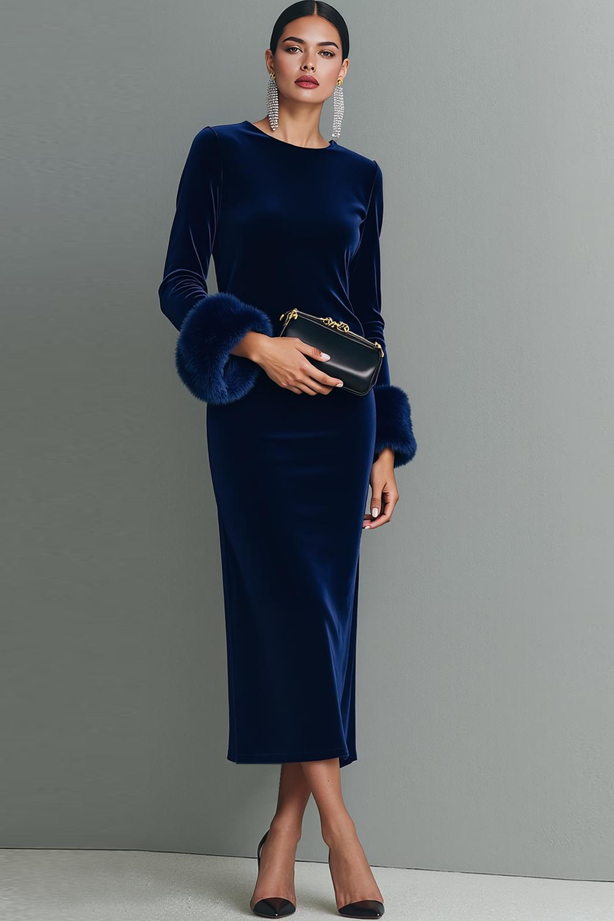 Dark Blue Round Neck Velvet Sheath Maxi Formal Dress with Sleeves