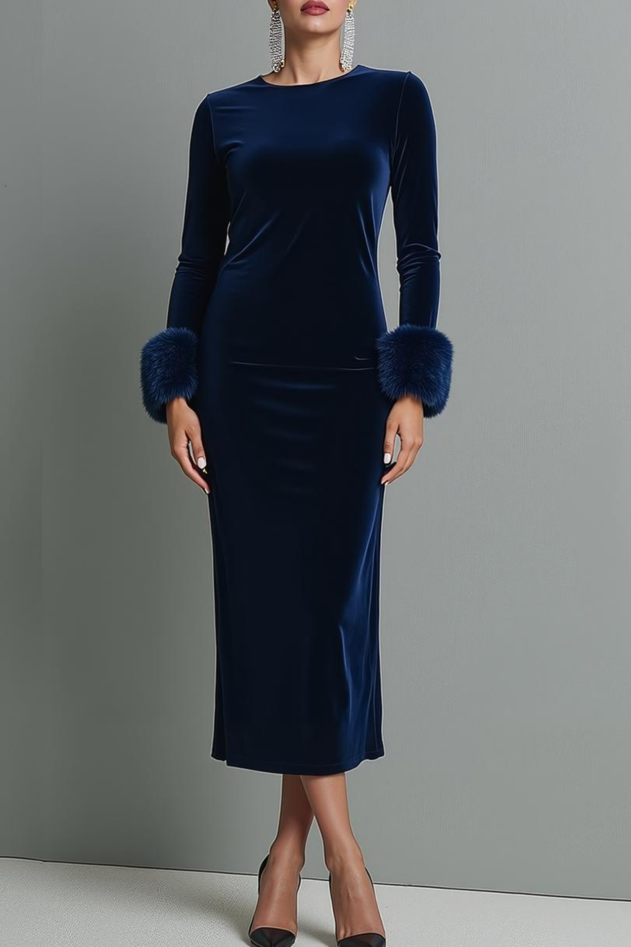 Dark Blue Round Neck Velvet Sheath Maxi Formal Dress with Sleeves