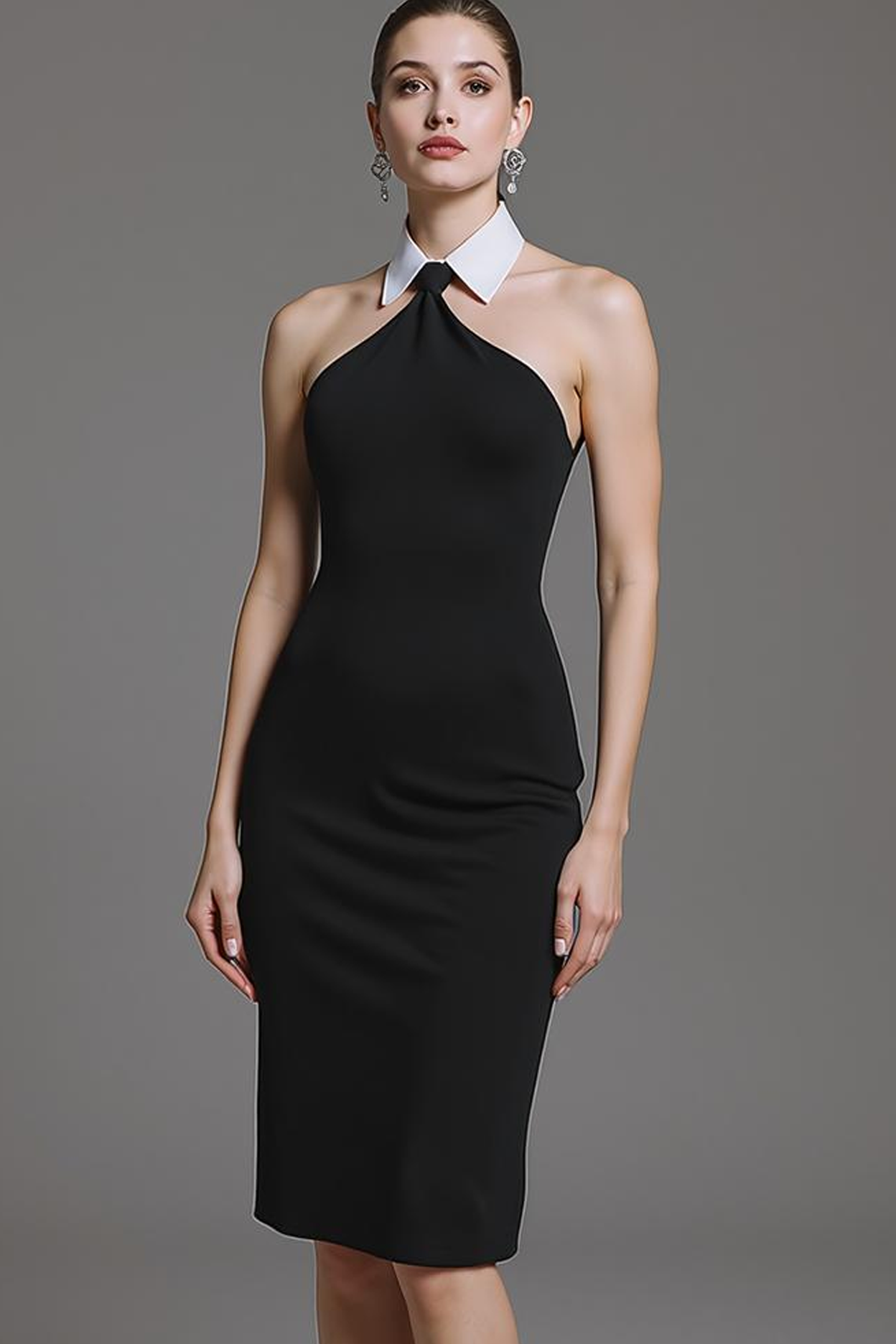 Black White Bodycon Neck Collar Cocktail Dress