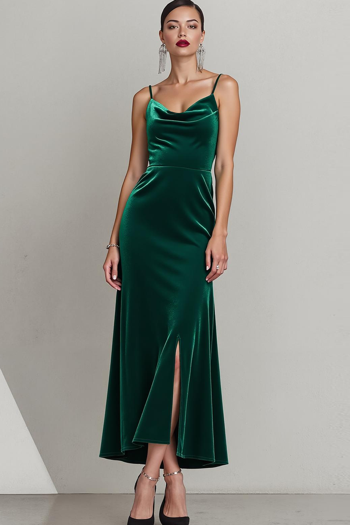 Dark Green Velvet Spaghetti Straps Long Formal Dress with Slit