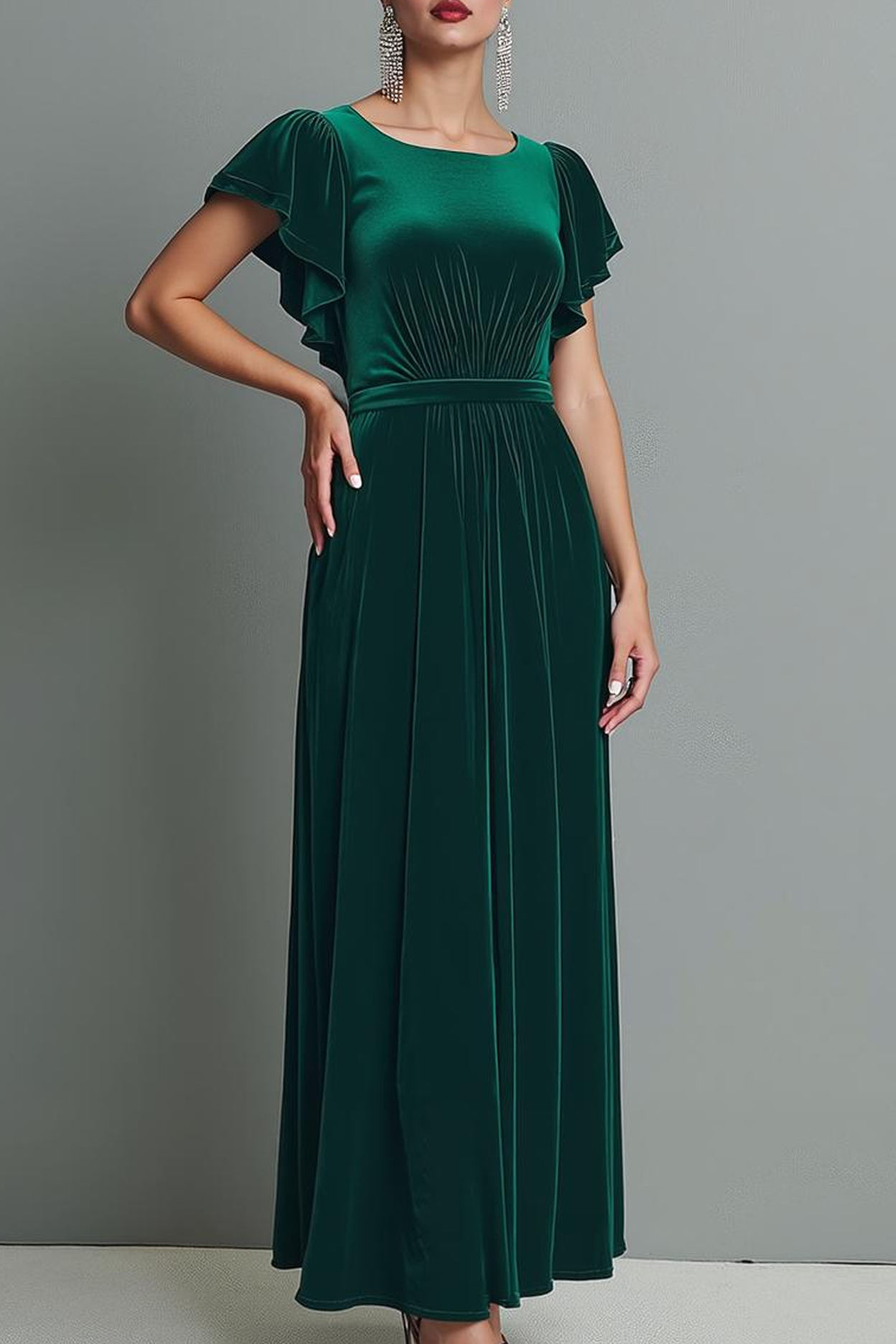 Dark Green Velvet Long Formal Dress with Flutter Sleeves