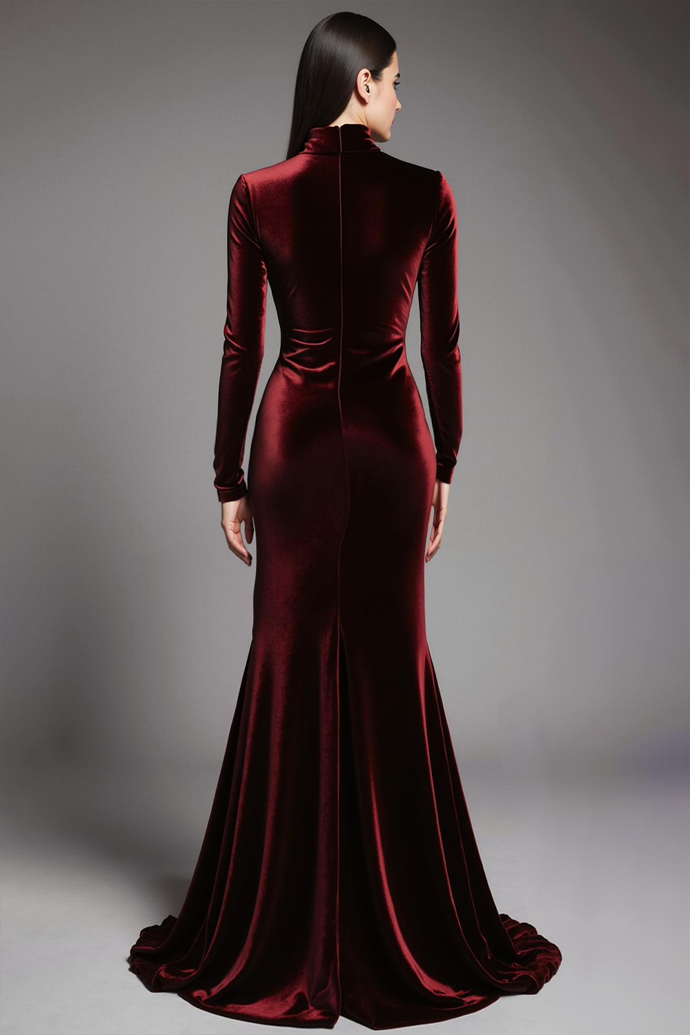 Robe de soirée fourreau en velours cabernet à manches et col montant