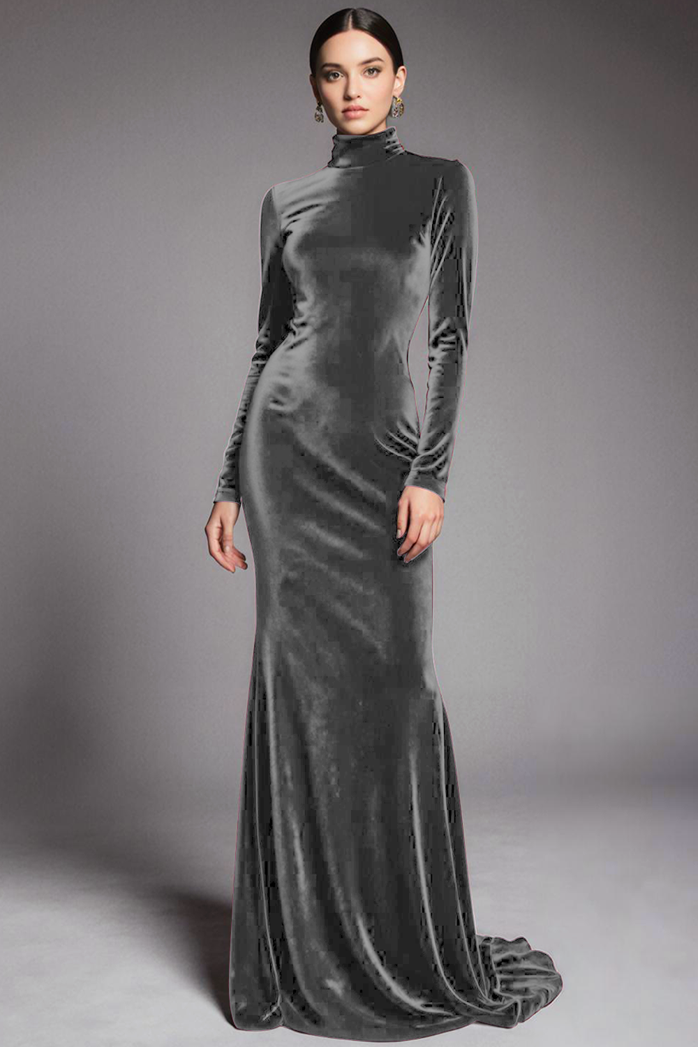 Robe de soirée fourreau en velours cabernet à manches et col montant