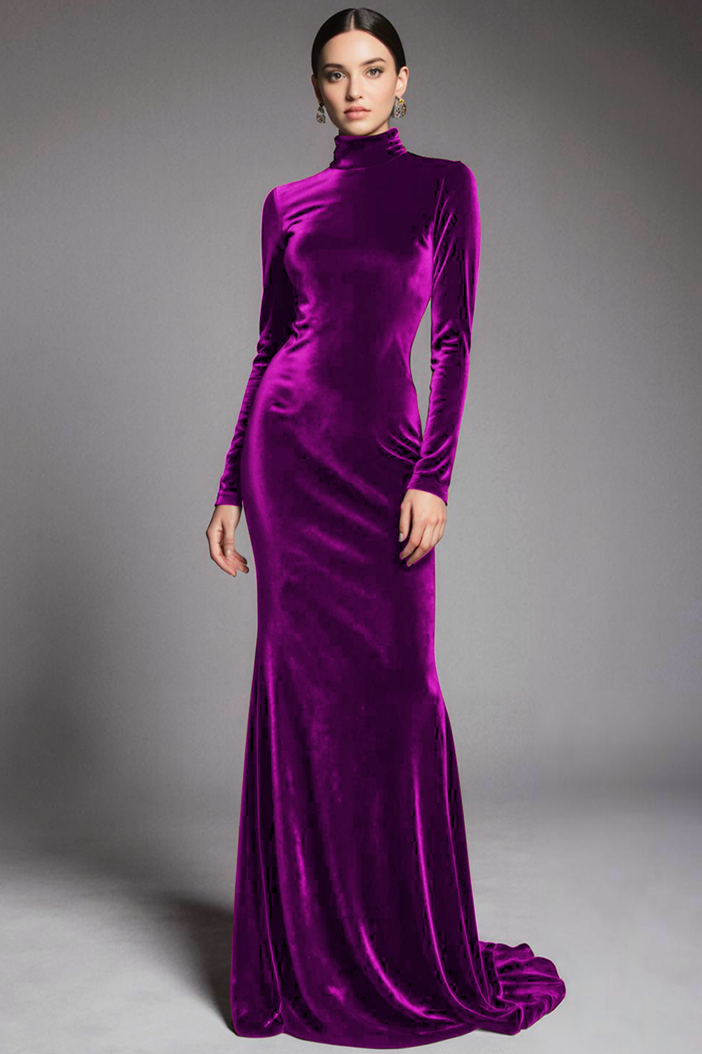 Robe de soirée fourreau en velours cabernet à manches et col montant