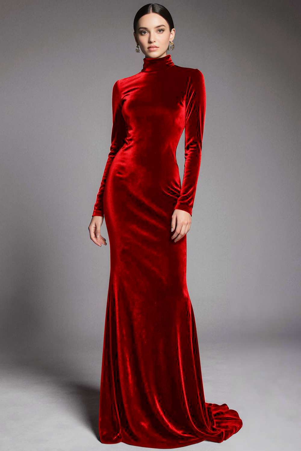 Robe de soirée fourreau en velours cabernet à manches et col montant