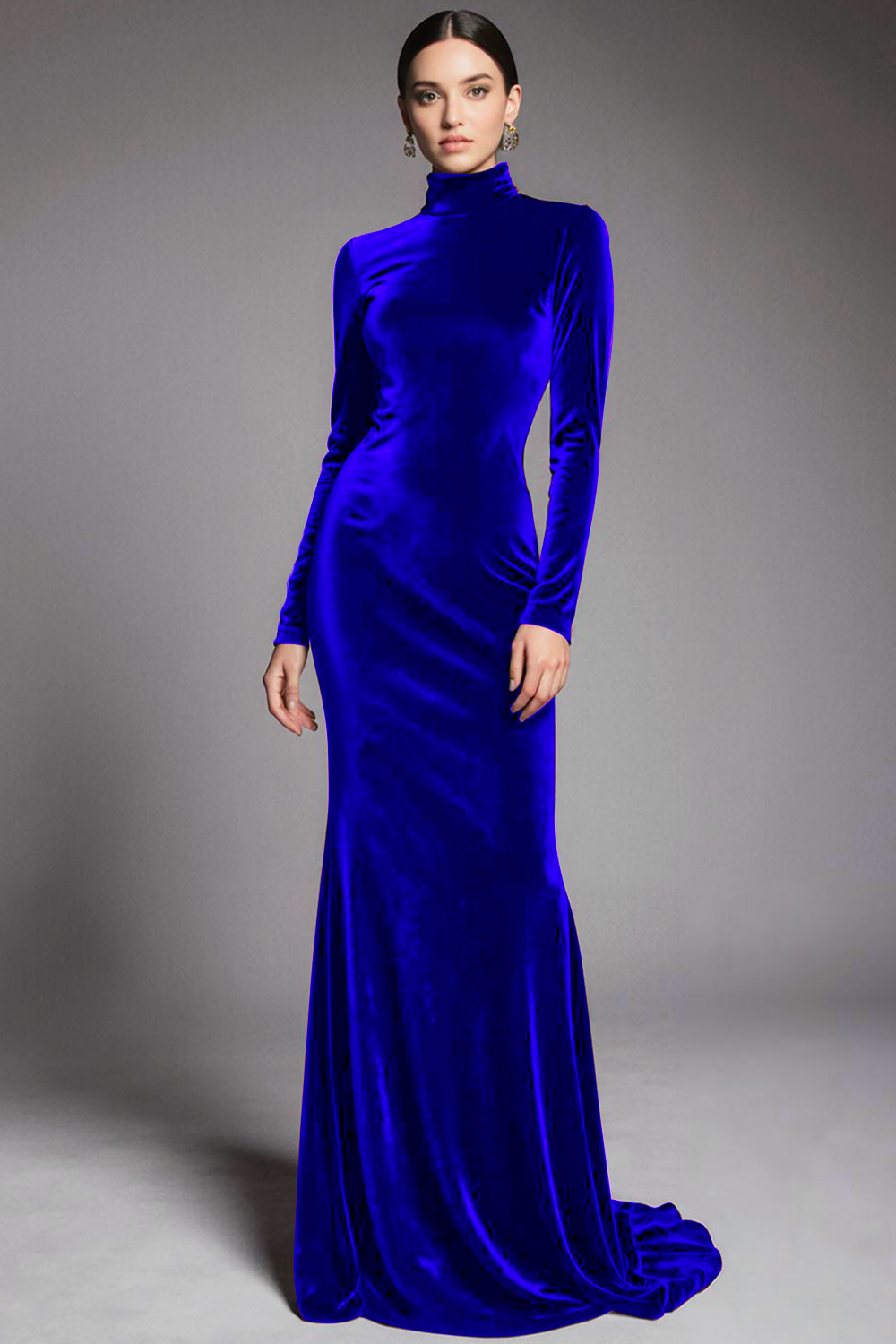 Robe de soirée fourreau en velours cabernet à manches et col montant