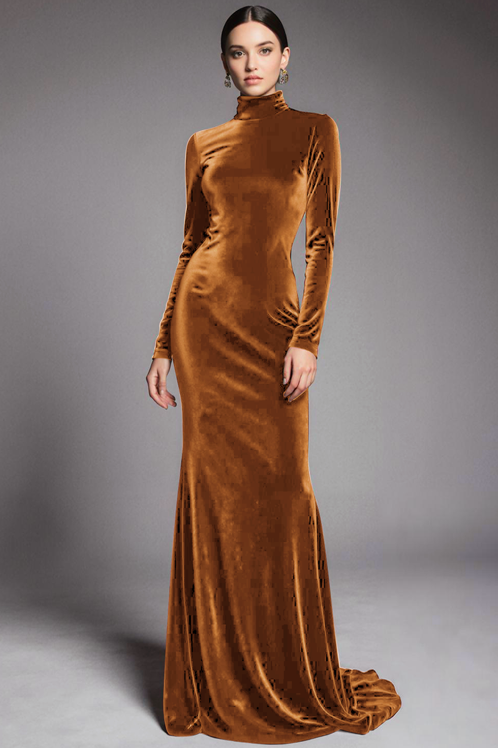 Robe de soirée fourreau en velours cabernet à manches et col montant