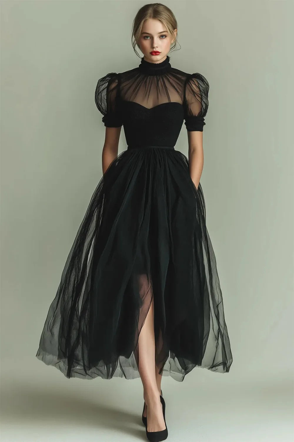 Dusty Blue A-Line High Neck Tulle Midi Formal Dress with Sleeves