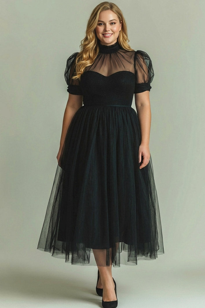 Dusty Blue A-Line High Neck Tulle Midi Formal Dress with Sleeves