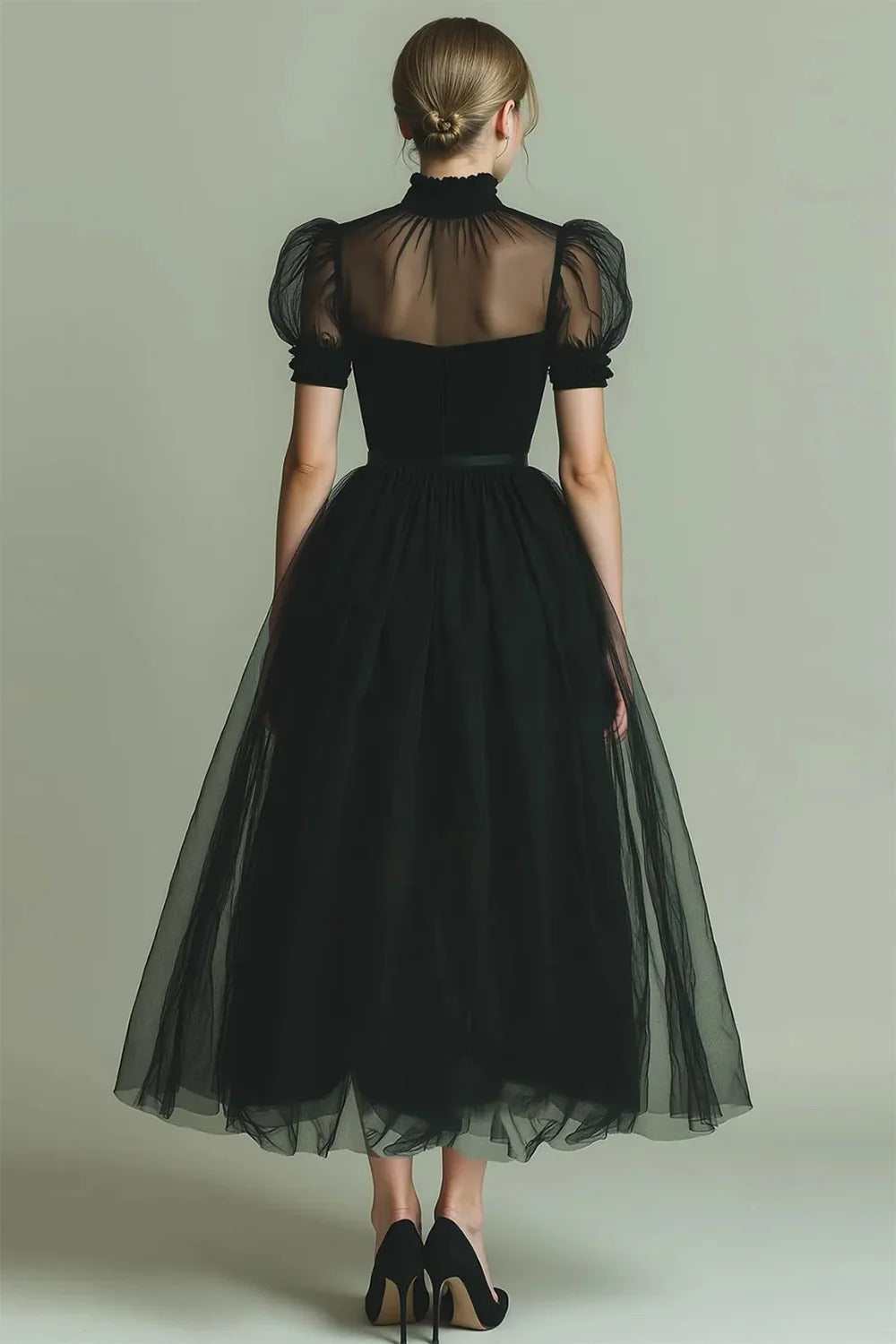 Dusty Blue A-Line High Neck Tulle Midi Formal Dress with Sleeves