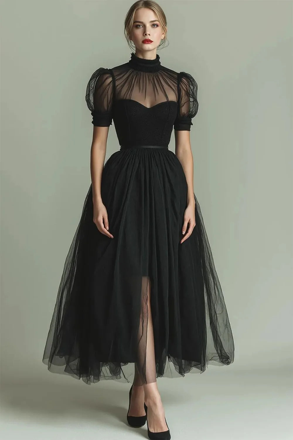 Dusty Blue A-Line High Neck Tulle Midi Formal Dress with Sleeves