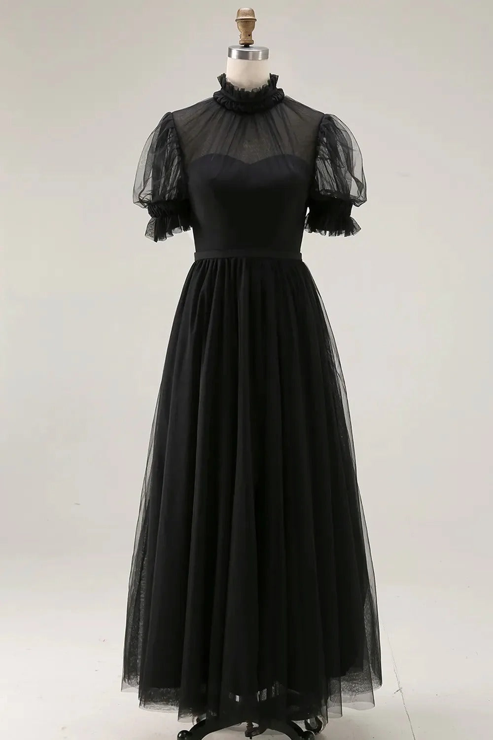 Dusty Blue A-Line High Neck Tulle Midi Formal Dress with Sleeves
