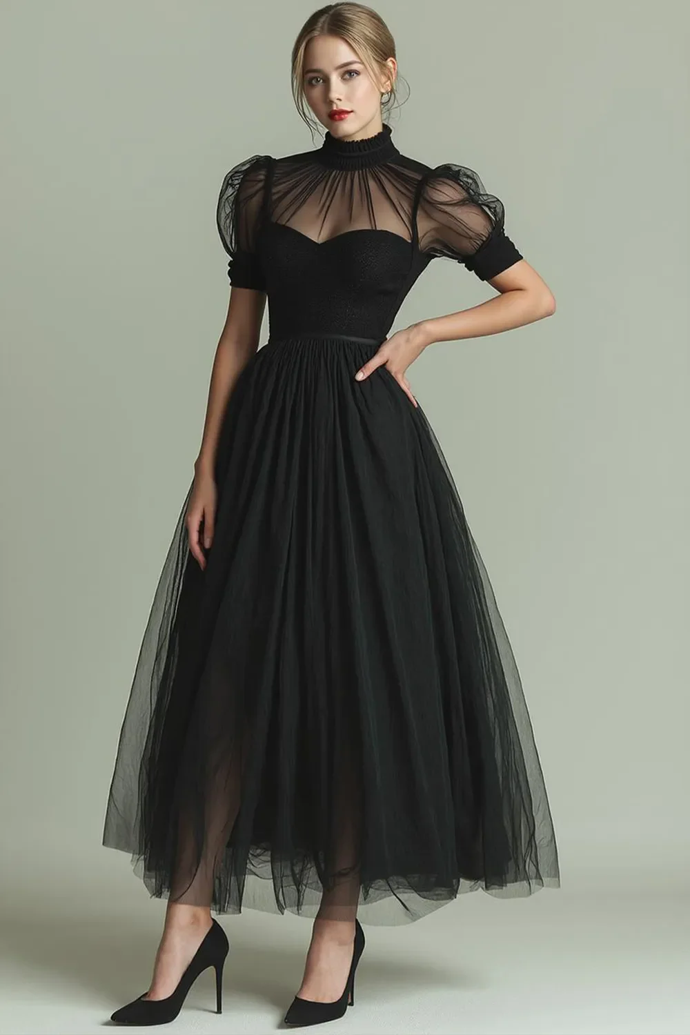 Dusty Blue A-Line High Neck Tulle Midi Formal Dress with Sleeves