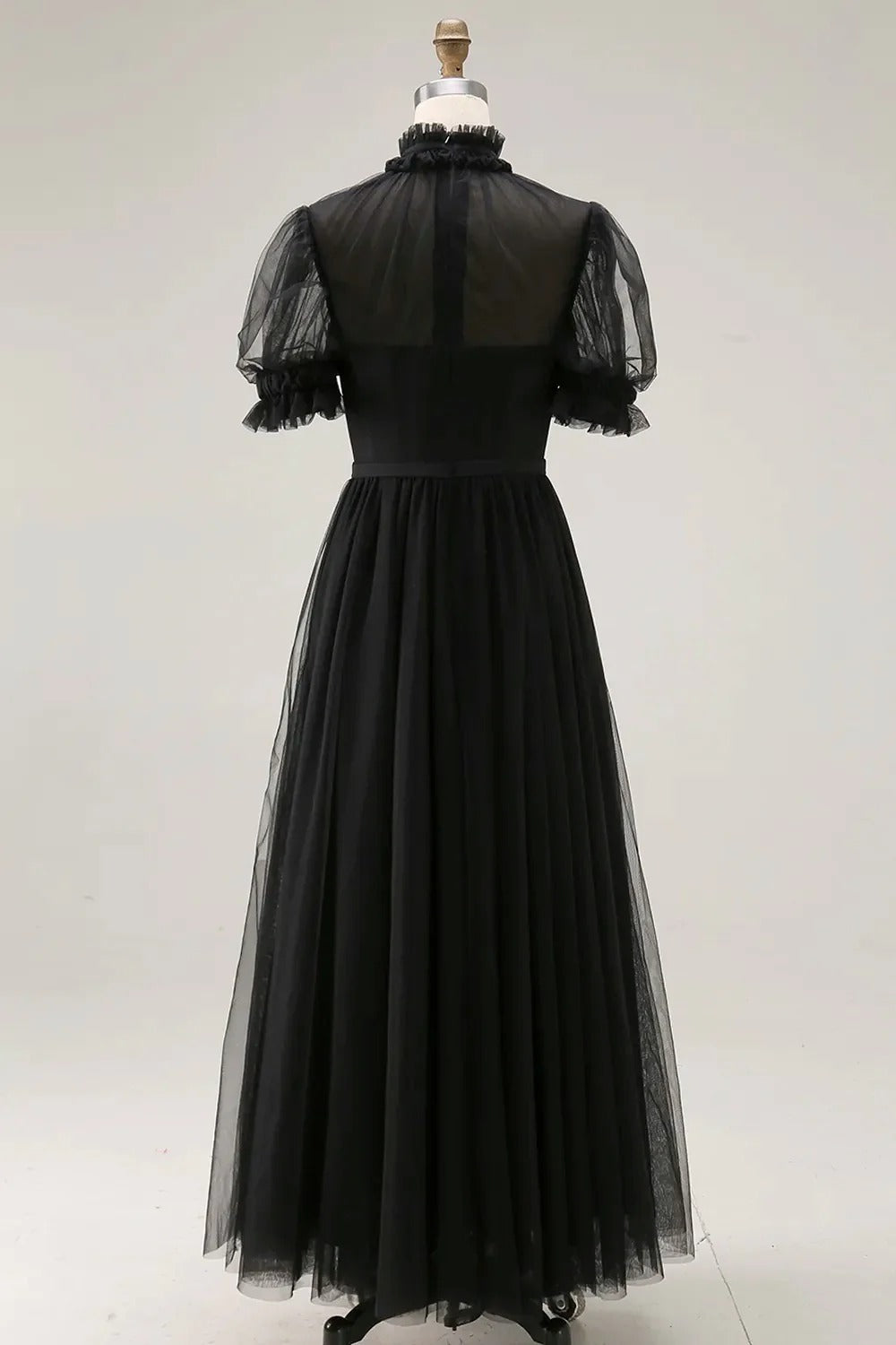 Dusty Blue A-Line High Neck Tulle Midi Formal Dress with Sleeves