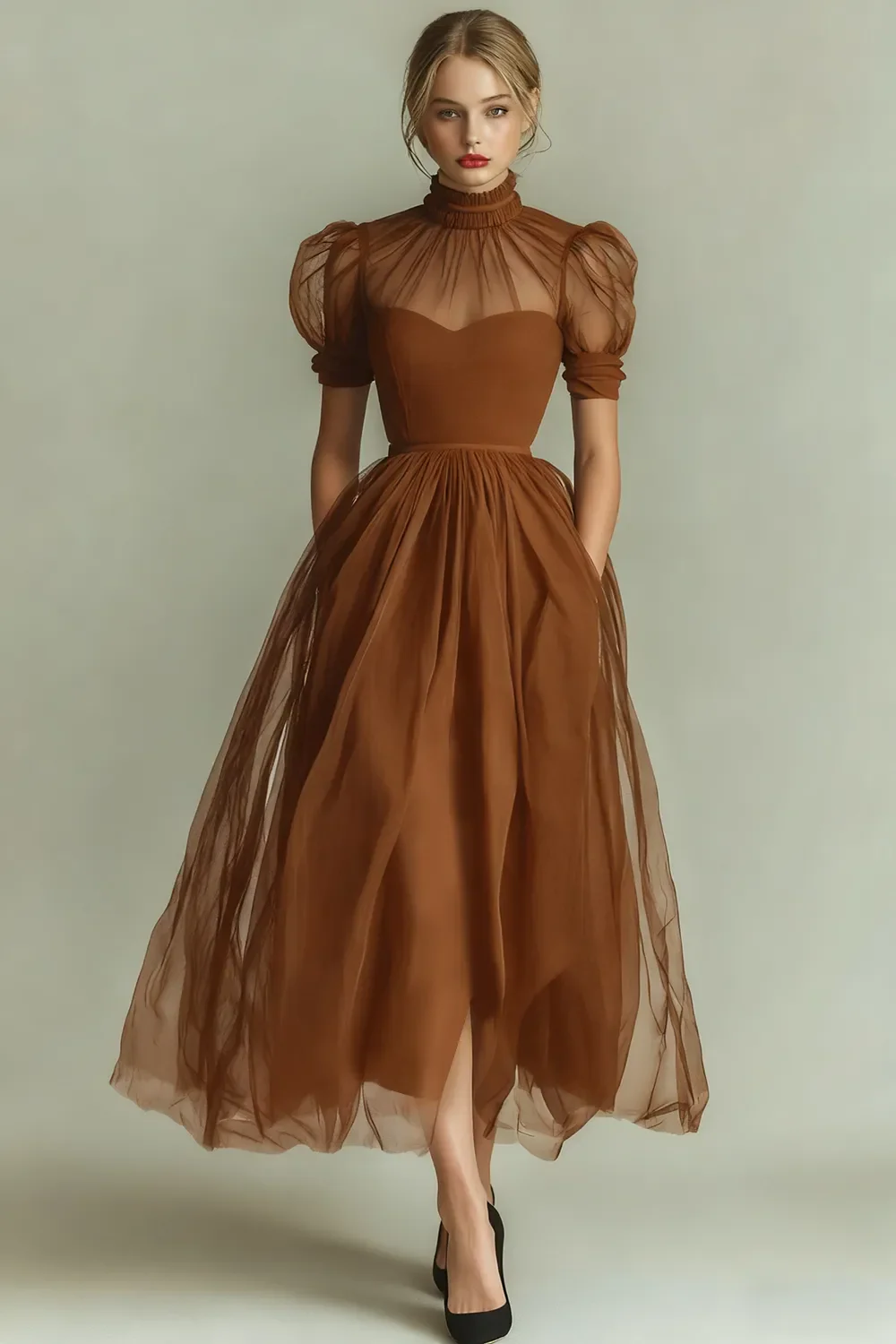 Dusty Blue A-Line High Neck Tulle Midi Formal Dress with Sleeves