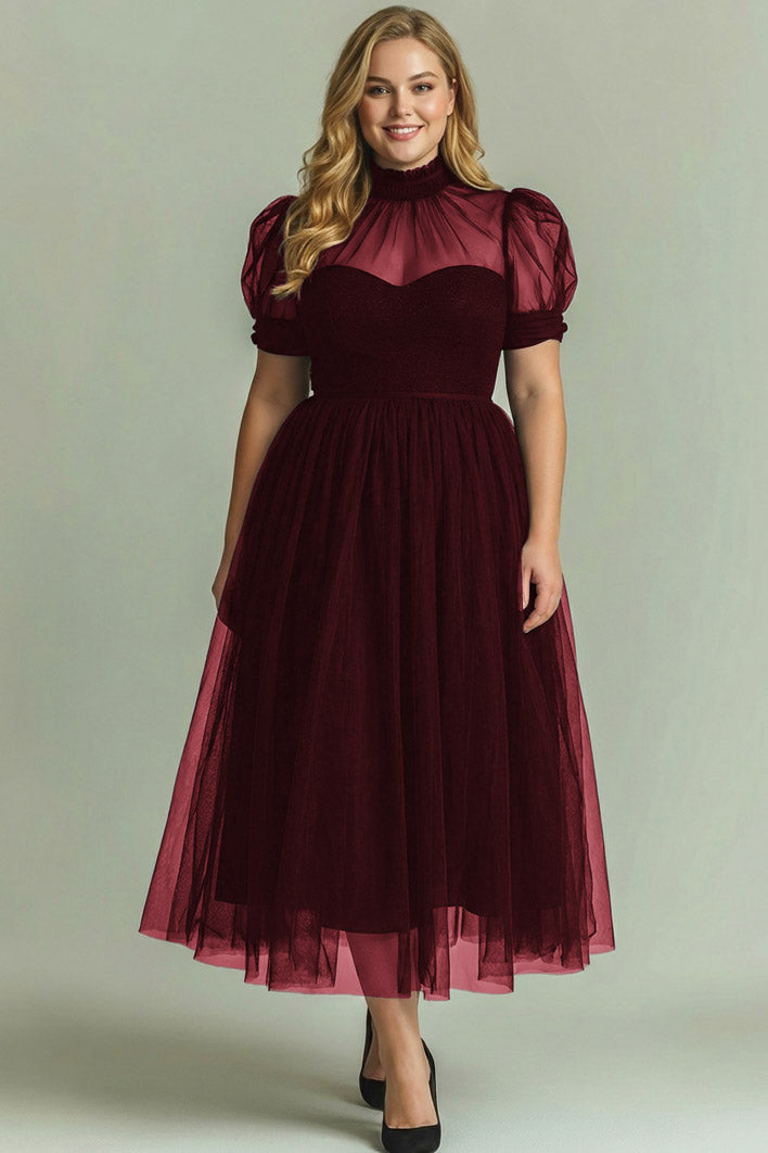 Dusty Blue A-Line High Neck Tulle Midi Formal Dress with Sleeves