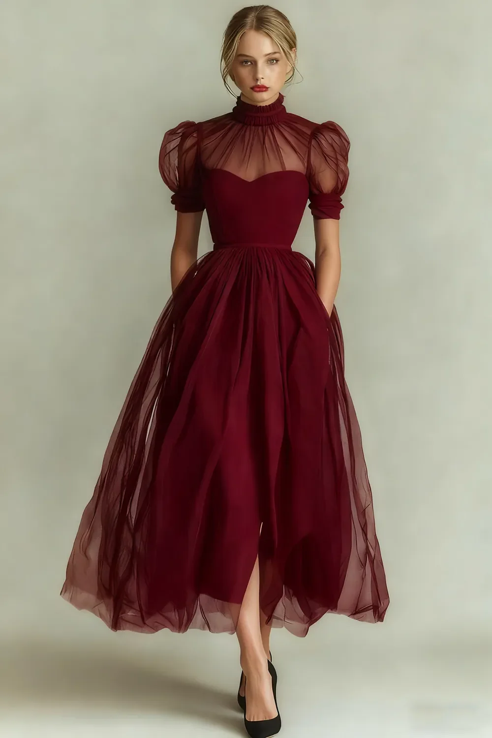 Dusty Blue A-Line High Neck Tulle Midi Formal Dress with Sleeves