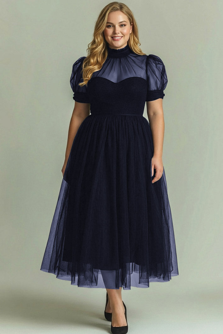 Dusty Blue A-Line High Neck Tulle Midi Formal Dress with Sleeves