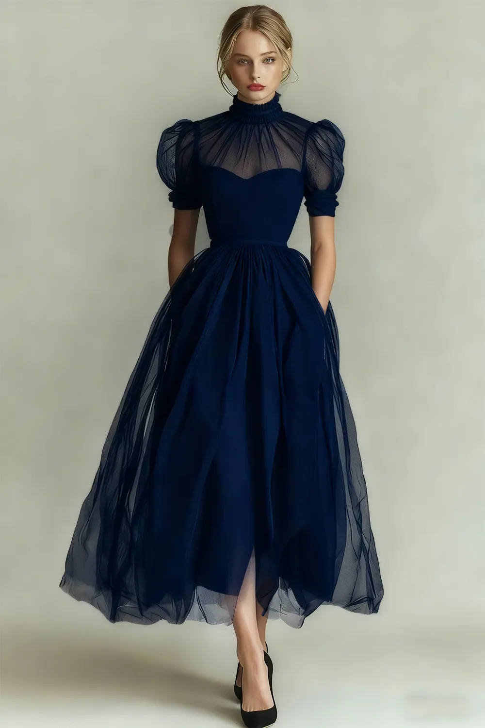 Dusty Blue A-Line High Neck Tulle Midi Formal Dress with Sleeves