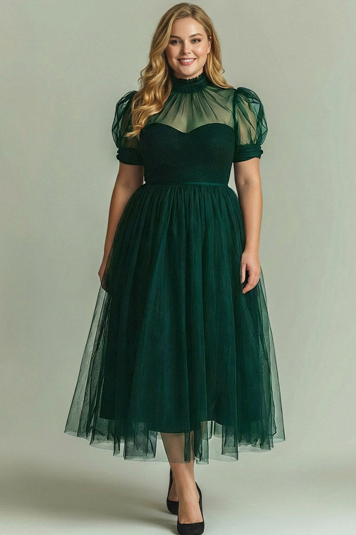 Dusty Blue A-Line High Neck Tulle Midi Formal Dress with Sleeves