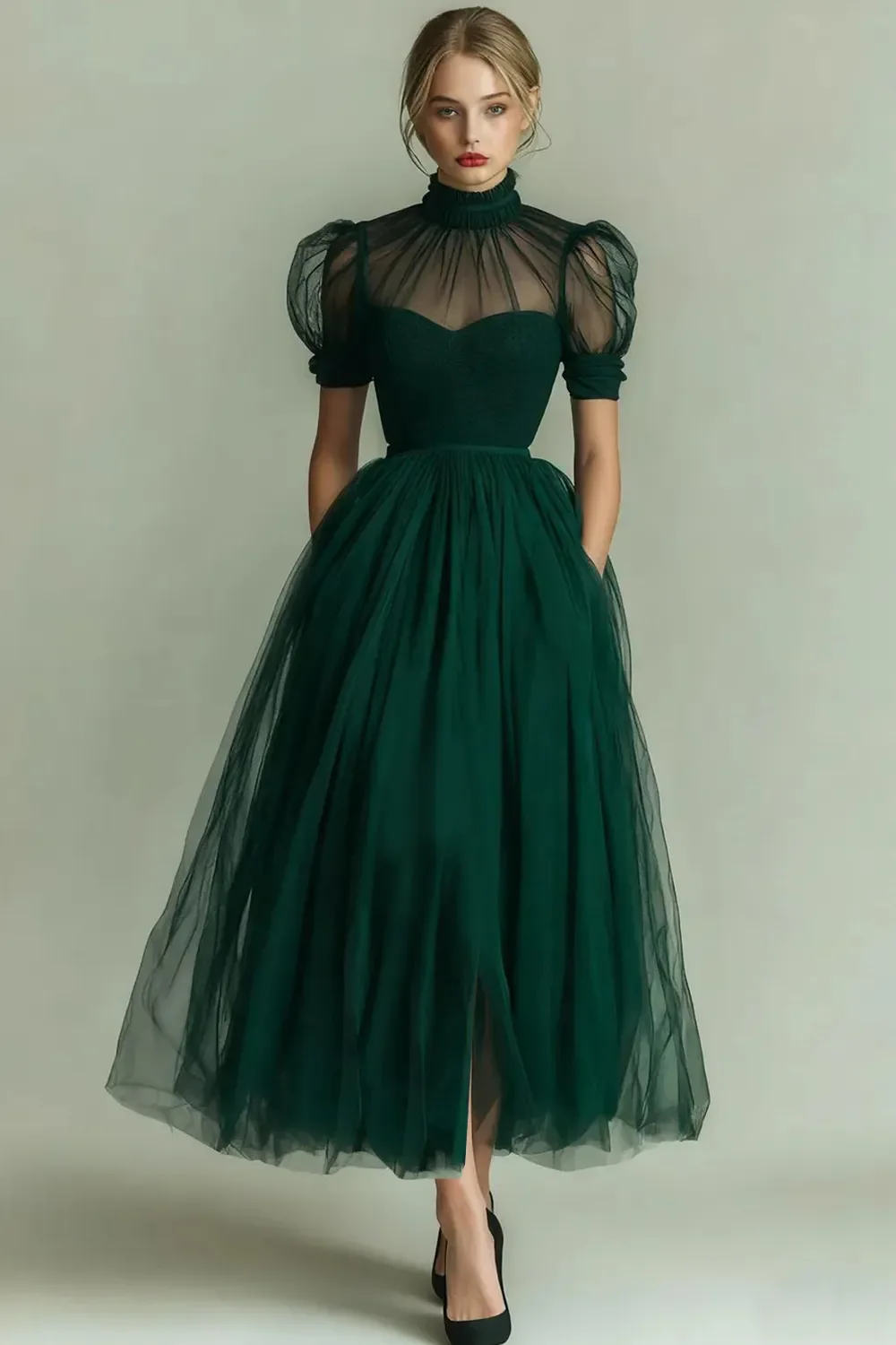 Dusty Blue A-Line High Neck Tulle Midi Formal Dress with Sleeves