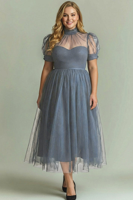 Dusty Blue A-Line High Neck Tulle Midi Formal Dress with Sleeves