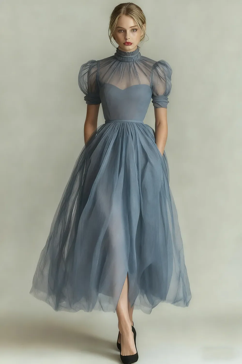 Dusty Blue A-Line High Neck Tulle Midi Formal Dress with Sleeves